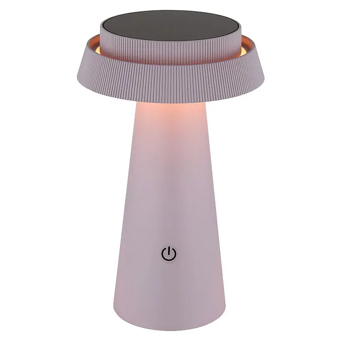 Globo Solar-Tischleuchte Pokal - 4 W, Rosa, IP54, Ø x H: 140 x 225 mm - Das Bild zeigt eine moderne, rosafarbene Nachttischlampe mit einem geriffelten Lampenschirm und einem Touch-Schalter.