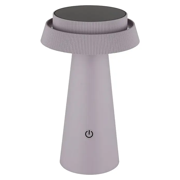 Globo Solar-Tischleuchte Pokal - 4 W, Rosa, IP54, Ø x H: 140 x 225 mm - Nahaufnahme einer modernen, lilafarbenen Lampe mit einem geriffelten Lampenschirm und einem schwarzen Bedienfeld.