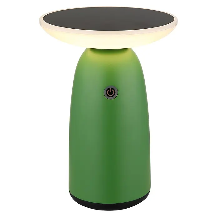 Globo Solar-Dekoleuchte Pokal - Lichtfarbe: Warmweiß, LED, Ø x H: 160 x 225 mm - Nahaufnahme einer grünen LED-Tischlampe mit schwarzer Oberfläche und warmweißem Lichtring, perfekt für stimmungsvolle Beleuchtung.