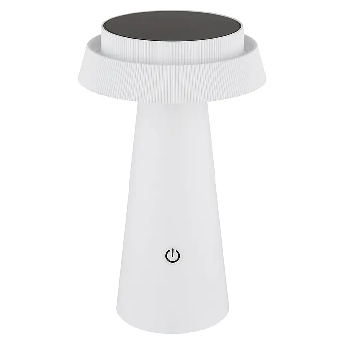Globo Solar-Tischleuchte Pokal - 4 W, Weiß, IP54, Ø x H: 140 x 225 mm - Elegante weiße Tischlampe mit geripptem Lampenschirm und schwarzer Oberseite, ideal für modernes Ambiente.