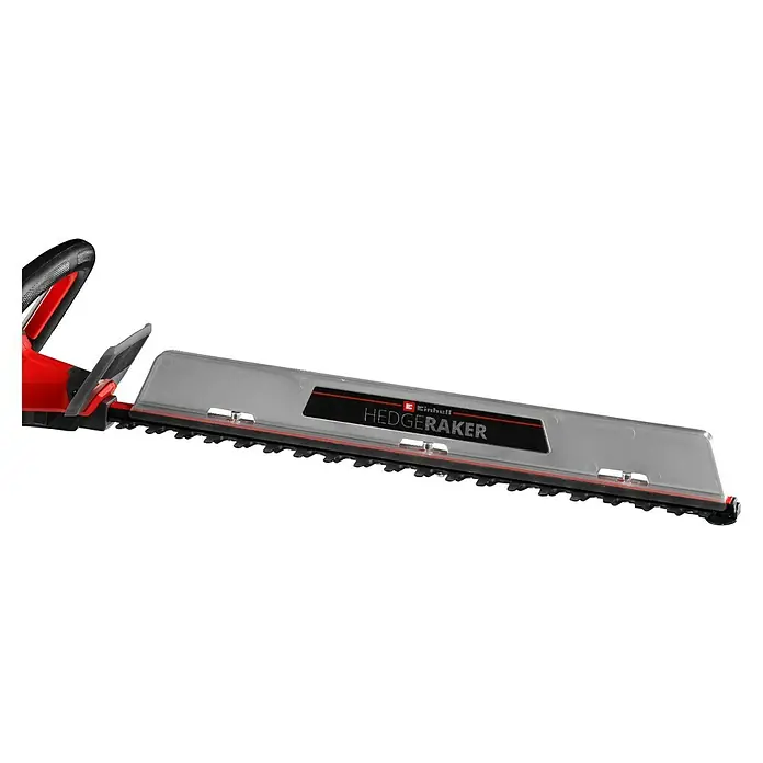 Einhell Professional PXC 18V Cortasetos de batería SOLO GP-CH 18/50 LI BL - 18 V, Iones de litio, Sin batería, Longitud de corte: 50 cm - Imagen de un cortasetos Einhell HEDGE RAKER. El dispositivo es de color rojo, negro y plateado.