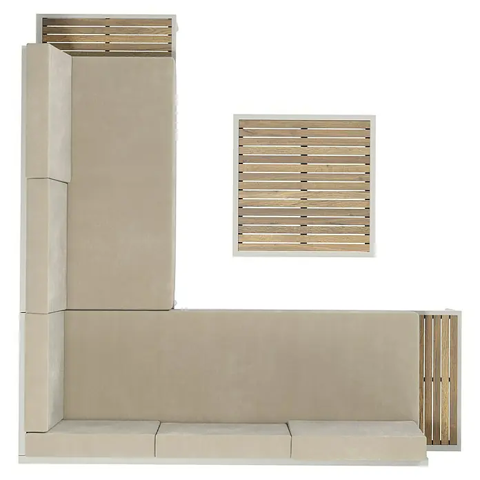 SENSUM Loungemöbel-Set Ankarsvik - 3 -tlg., Aluminium, Teak, Sandbraun - Draufsicht des stilvollen Sofas mit Holzdetails. Ideal für gemütliche Stunden im Wohnzimmer oder im Freien, kombiniert Komfort mit modernem Design.