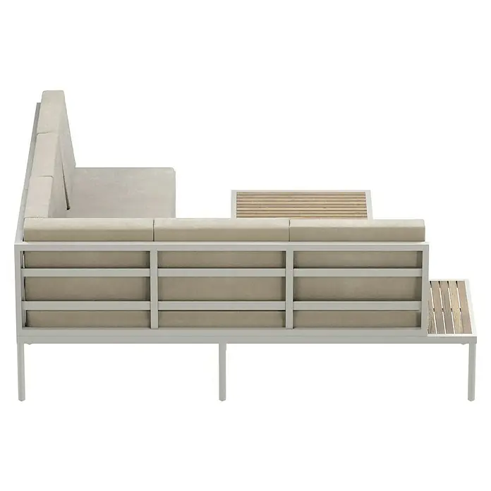 SENSUM Loungemöbel-Set Ankarsvik - 3 -tlg., Aluminium, Teak, Sandbraun - Dieses Bild zeigt ein Outdoor-Sofa-Set mit hellen Polstern und einem modernen, geradlinigen Design, das zum Entspannen im Freien einlädt.