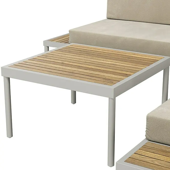 SENSUM Loungemöbel-Set Ankarsvik - 3 -tlg., Aluminium, Teak, Sandbraun - Quadratischer Couchtisch mit Holzlattenplatte und grauem Metallgestell. Perfekt für den Außenbereich und stilvolle Lounges.