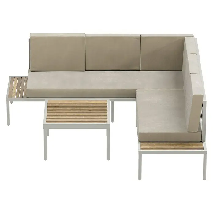SENSUM Loungemöbel-Set Ankarsvik - 3 -tlg., Aluminium, Teak, Sandbraun - Modulares Outdoor-Sofa mit beigen Polstern und Holzablageflächen auf einem weißen Gestell für den Garten oder die Terrasse.