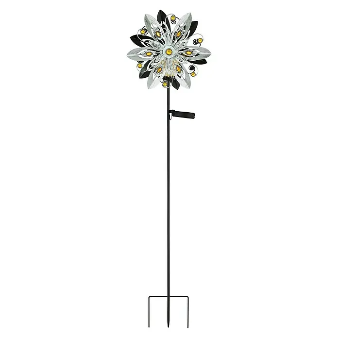 Globo Solar-Dekoleuchte Windrad - 0,02 W, L x B x H: 320 x 175 x 1.240 mm, Silbergrau, IP44 - Eine dekorative Windmühle aus Metall, die mit goldenen Akzenten verziert ist, ideal für den Garten oder den Außenbereich.