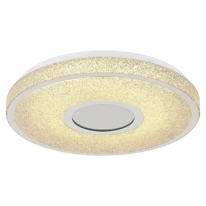 Globo LED-Deckenleuchte rund mit Tunneleffekt Astania - Farbe Gehäuse: Weiß, Ø x H: 38 x 6,5 cm, Mit Kunststoffkristallen, Warmweiß - Eine moderne Deckenleuchte mit einem weißen Rahmen und einem runden, beleuchteten Zentrum. Sie sorgt für eine angenehme Beleuchtung im Raum.