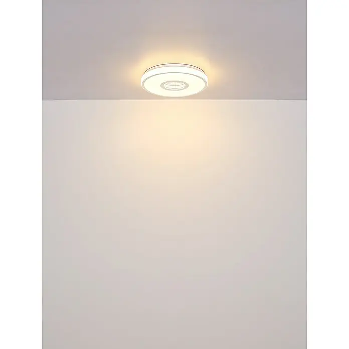 Globo LED-Deckenleuchte rund mit Tunneleffekt Astania - Farbe Gehäuse: Weiß, Ø x H: 38 x 6,5 cm, Ohne Kunstoffkristalle, Warmweiß - Eine moderne, runde Deckenleuchte mit einem Ringdesign, die ein warmes, einladendes Licht in einem minimalistischen Raum erzeugt.