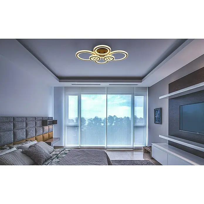 Globo LED-Deckenleuchte Kora - 60 W, L x B x H: 780 x 560 x 120 mm, Warmweiß - Deckenleuchte mit modernem Design. Die Lampe hat ein einzigartiges Muster aus goldenen Kreisen und verleiht dem Schlafzimmer eine elegante Note.