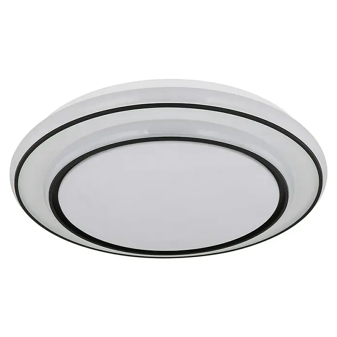Globo LED-Deckenleuchte rund Logan - Ø x H: 39 x 7 cm, Farbe Gehäuse: Schwarz, Warmweiß - Nahaufnahme einer modernen, runden LED-Deckenleuchte mit weißer Oberfläche und schwarzen Akzentringen, die ein stilvolles und helles Beleuchtungselement darstellt.