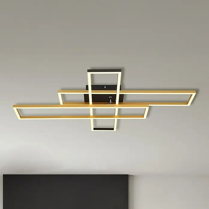 Globo LED-Deckenleuchte Dakari - 40 W, L x B x H: 80 x 60 x 9,5 cm, Schwarz, Warmweiß - Moderne Deckenleuchte mit geometrischen Formen in Gold und Schwarz, die ein warmes, einladendes Licht spendet. Stilvolles Designelement für jeden Raum.