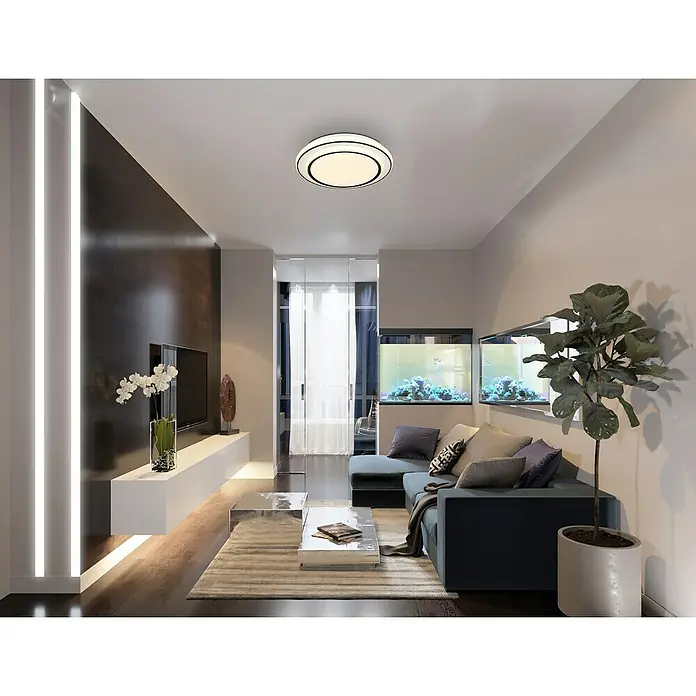 Globo LED-Deckenleuchte rund Logan - Ø x H: 39 x 7 cm, Farbe Gehäuse: Schwarz, Warmweiß - Modernes Wohnzimmer mit stilvoller Deckenleuchte, die den Raum elegant erhellt und eine angenehme Atmosphäre schafft.