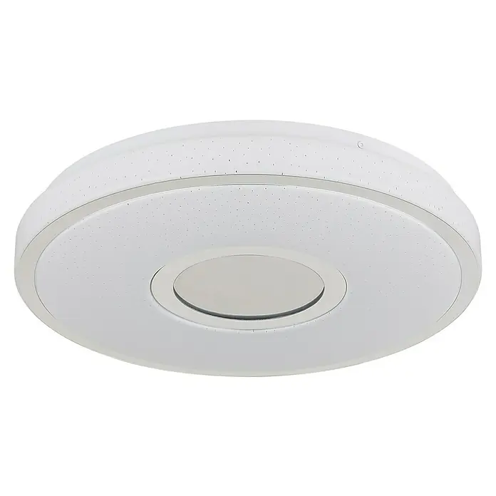 Globo LED-Deckenleuchte rund mit Tunneleffekt Astania - Farbe Gehäuse: Weiß, Ø x H: 38 x 6,5 cm, Ohne Kunstoffkristalle, Warmweiß - Nahaufnahme einer modernen, runden LED-Deckenleuchte mit Sterneneffekt und silbernen Akzenten.