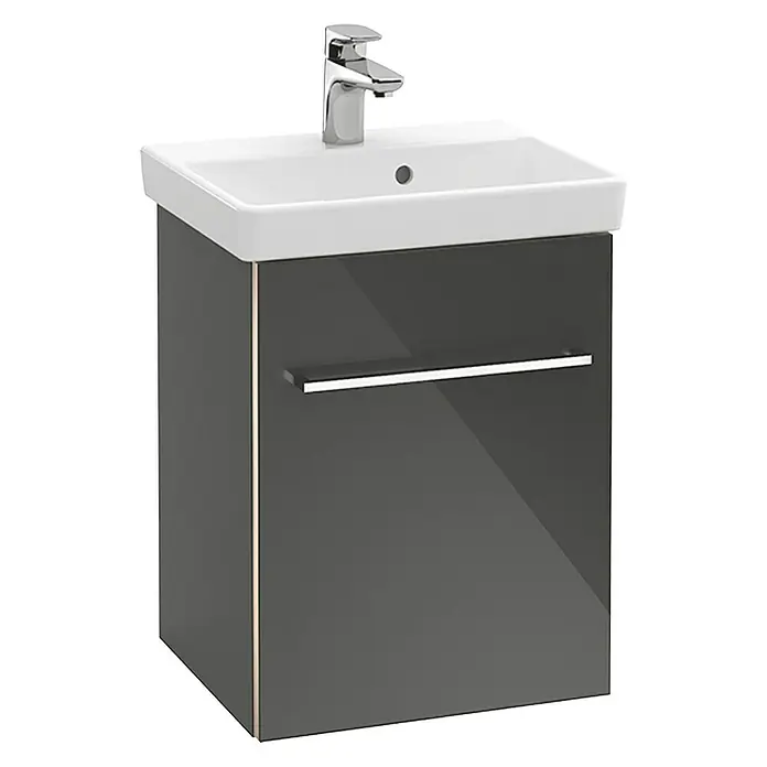 Villeroy & Boch Avento Waschbecken - 45 x 37 cm, Ohne Spezialglasur, Hahnloch: Mitte, Mit Überlauf, Weiß - Grauer Waschtischunterschrank mit Waschbecken und Armatur für das Badezimmer. Moderne Badmöbel zur stilvollen Einrichtung.