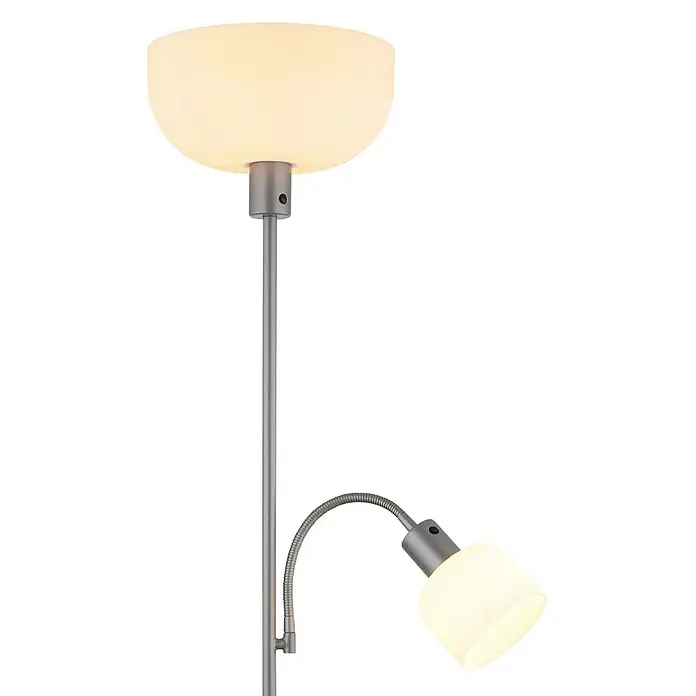 Globo Stehleuchte Hinton - 60 W, Höhe: 178 cm, Silber, E27 - Nahaufnahme einer modernen Stehlampe mit zwei Leuchten, die warmes Licht spenden und ein elegantes Design aufweisen.