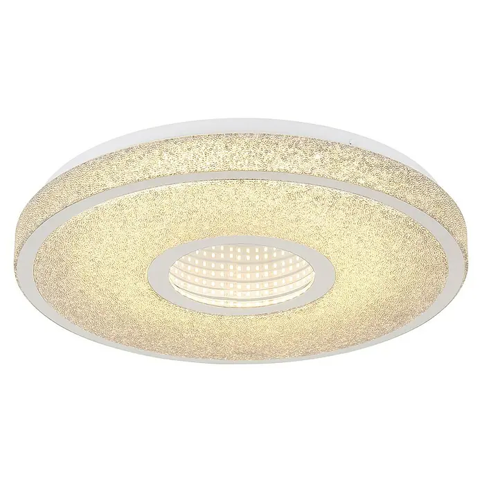 Globo LED-Deckenleuchte rund mit Tunneleffekt Astania - Farbe Gehäuse: Weiß, Ø x H: 38 x 6,5 cm, Mit Kunststoffkristallen, Warmweiß - Nahaufnahme einer runden Deckenleuchte mit LED-Beleuchtung und weißem Rand, die ein modernes und helles Ambiente verspricht.