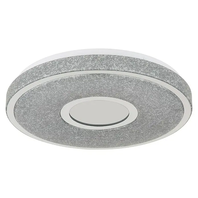 Globo LED-Deckenleuchte rund mit Tunneleffekt Astania - Farbe Gehäuse: Weiß, Ø x H: 38 x 6,5 cm, Mit Kunststoffkristallen, Warmweiß - Moderne LED-Deckenleuchte in runder Form mit grauem Stoffbezug und silberfarbenen Akzenten. Ideal für stilvolle Innenräume und energiesparende Beleuchtung.