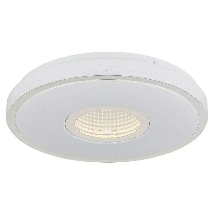 Globo LED-Deckenleuchte rund mit Tunneleffekt Astania - Farbe Gehäuse: Weiß, Ø x H: 38 x 6,5 cm, Ohne Kunstoffkristalle, Warmweiß - Nahaufnahme einer modernen, runden LED-Deckenleuchte in Weiß mit sternförmigem Muster.