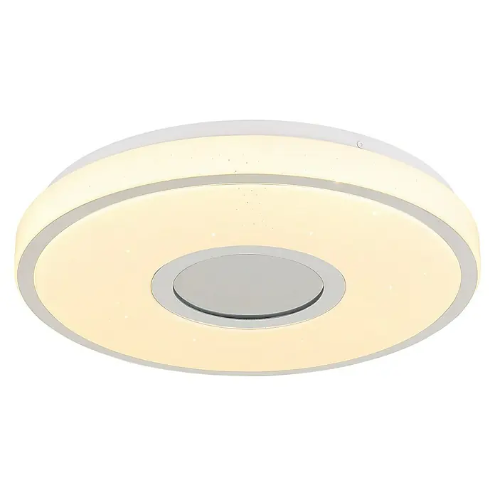 Globo LED-Deckenleuchte rund mit Tunneleffekt Astania - Farbe Gehäuse: Weiß, Ø x H: 38 x 6,5 cm, Ohne Kunstoffkristalle, Warmweiß - Nahaufnahme einer modernen, runden LED-Deckenleuchte mit weißem Rahmen und warmweißem Licht, ideal für stilvolle Innenräume.