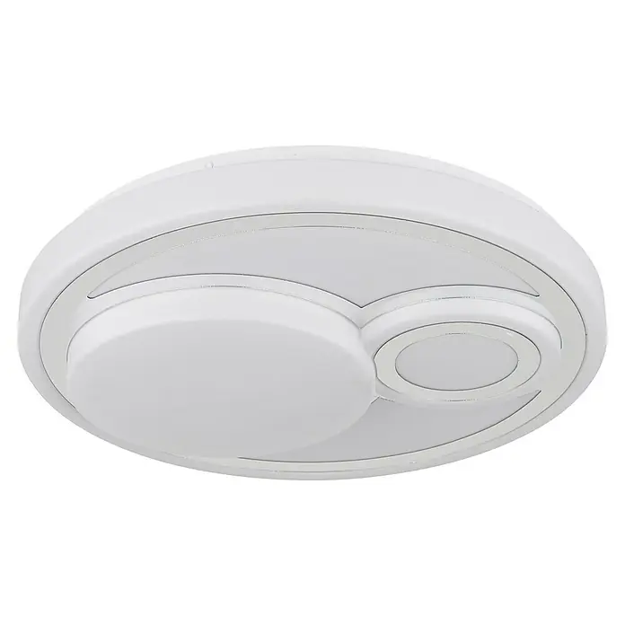 Globo LED-Deckenleuchte rund Ruiz - 24 W, Ø x H: 380 x 75 mm, Weiß, Warmweiß - Nahaufnahme einer modernen, runden LED-Deckenleuchte in Weiß mit silbernen Akzenten. Die Lampe bietet eine elegante Beleuchtungslösung.