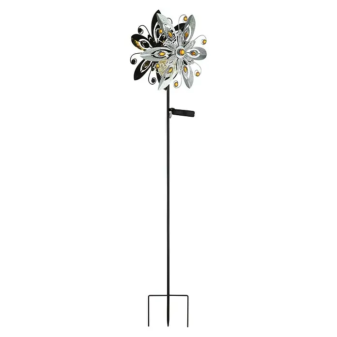 Globo Solar-Dekoleuchte Windrad - 0,02 W, L x B x H: 320 x 175 x 1.240 mm, Silbergrau, IP44 - Eleganter Leuchtstern auf Ständer. Silberfarbenes Design mit bernsteinfarbenen Akzenten, ideal für festliche Beleuchtung.