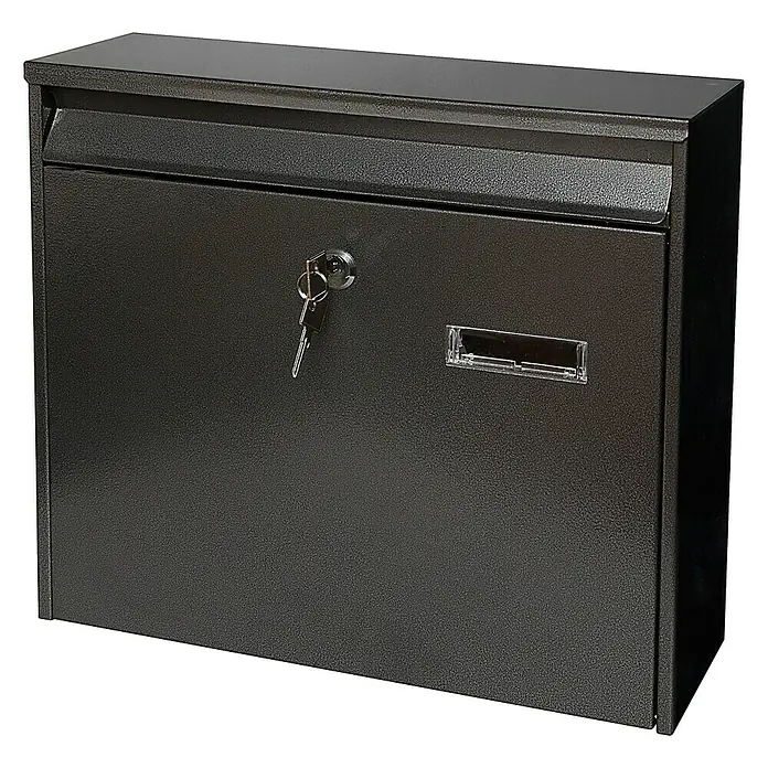 Portaferm Wandbriefkasten PF 44 - L x B x H: 10 x 36,2 x 32,2 cm, Grau, Stahl - Ein anthrazitfarbener Briefkasten aus Metall mit Schloss und Sichtfenster für Namensschilder.