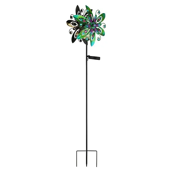 Globo Solar-Dekoleuchte Windrad - 0,02 W, L x B x H: 320 x 175 x 1.240 mm, Bunt, IP44 - Dieses Bild zeigt ein Windrad mit einem bunten Blumendesign auf einem schwarzen Sockel, eine attraktive Dekoration für jeden Garten.