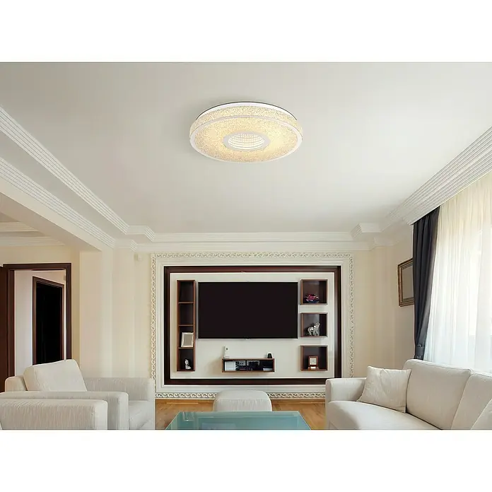 Globo LED-Deckenleuchte rund mit Tunneleffekt Astania - Farbe Gehäuse: Weiß, Ø x H: 38 x 6,5 cm, Mit Kunststoffkristallen, Warmweiß - Eine moderne Deckenleuchte in Ringform mit funkelndem Dekor, die ein elegantes Ambiente in jedem Wohnraum schafft. Die Leuchte sorgt für stilvolle Beleuchtung.