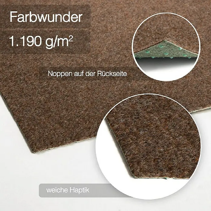 Rasenteppich Farbwunder - 1.800 x 200 cm, Braun, Mit Drainagenoppen - Farbiger Teppichboden mit einer Grammatur von 1.190 g/m², Noppen auf der Rückseite und weicher Haptik.