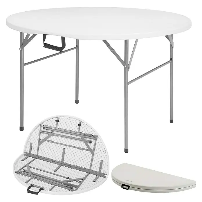 Floordirekt Gartentisch rund Shiga - Ø x H: 120 x 74 cm, Kunststoff, Rund, Weiß - Bild eines runden, weißen Klapptisches mit Stahlgestell, der sowohl aufgebaut als auch zusammengeklappt und verpackt gezeigt wird.