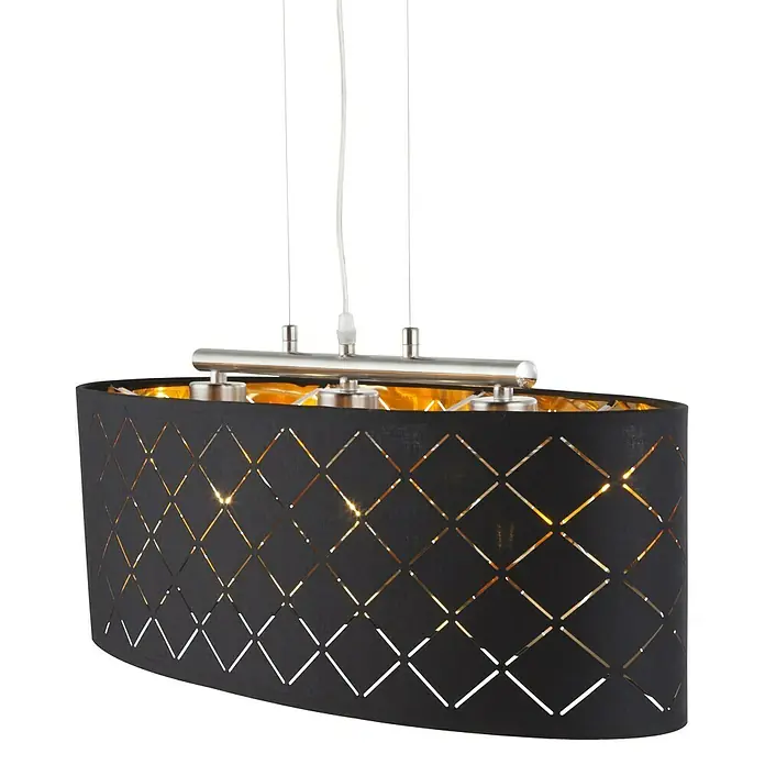 Globo LED-Pendelleuchte Clarke - L x B x H: 650 x 250 x 1.400 mm, Schwarz, E27 - Elegante schwarze Deckenleuchte mit einem goldenen Innenraum und einem dekorativen Rautenmuster, die ein warmes und einladendes Licht erzeugt.