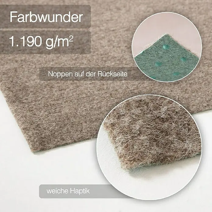 Rasenteppich Farbwunder - 300 x 200 cm, Beige, Mit Drainagenoppen - Farbiger Filzteppich mit einer Dichte von 1.190 g/m², Noppen auf der Rückseite und weicher Haptik für ein angenehmes Gefühl unter den Füßen.