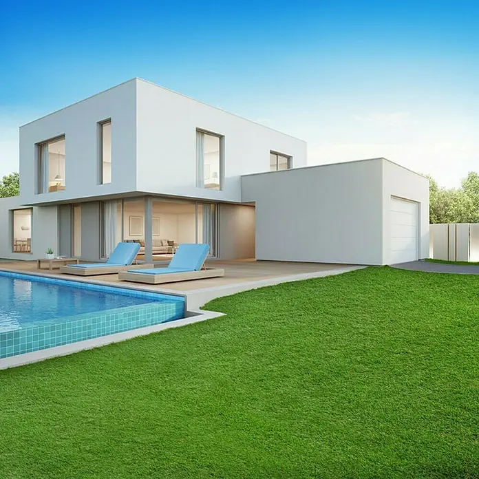 Kunstrasen Lemon - 1.000 x 100 cm, Grün - Modernes Haus mit Pool und Liegestühlen. Das Haus besticht durch seine klare Architektur und den gepflegten Rasen. Einladend und stilvoll.