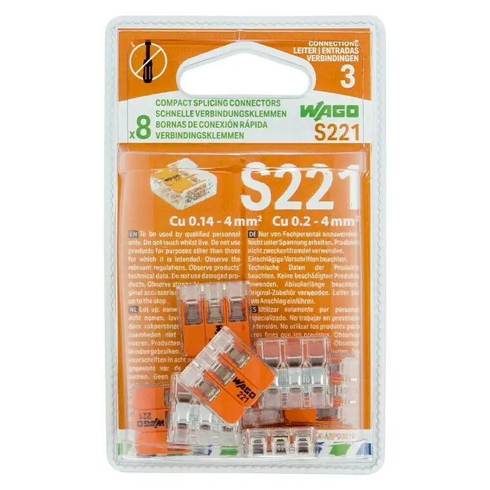 Wago Bloque de terminales Compacto - L x An x Al: 18,7 x 18,6 x 8,3 mm, Metal, 8 ud. - Imagen de un conector WAGO S221, diseñado para conexiones eléctricas rápidas y seguras en diversas aplicaciones.