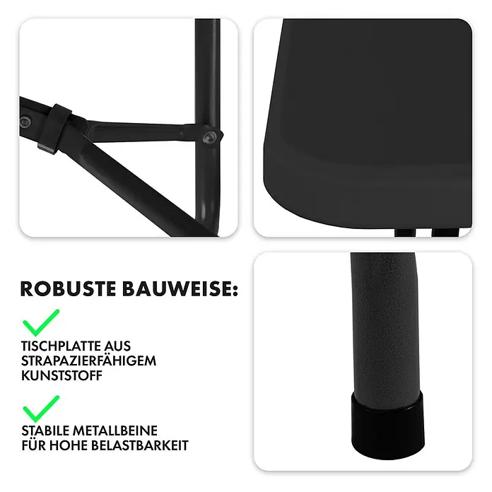 Floordirekt Gartentisch Kyoto - L x B x H: 76 x 73 x 180 cm, Kunststoff, Rechteckig, Schwarz - Detailansicht des robusten Campingtisches mit strapazierfähiger Tischplatte aus Kunststoff und stabilen Metallbeinen.