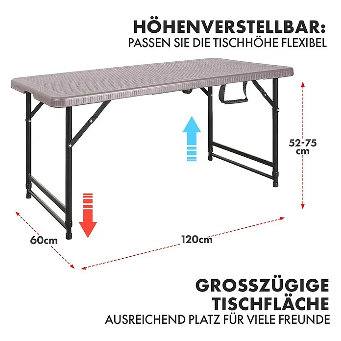 Floordirekt Gartentisch Saga - L x B x H: 120 x 60 x 75 cm, Kunststoff, Rechteckig, Braun/Schwarz - Bild eines höhenverstellbaren Klapptisches mit den Maßen 120x60 cm und einer Höhe von 52-75 cm, ideal für vielfältige Nutzungen.
