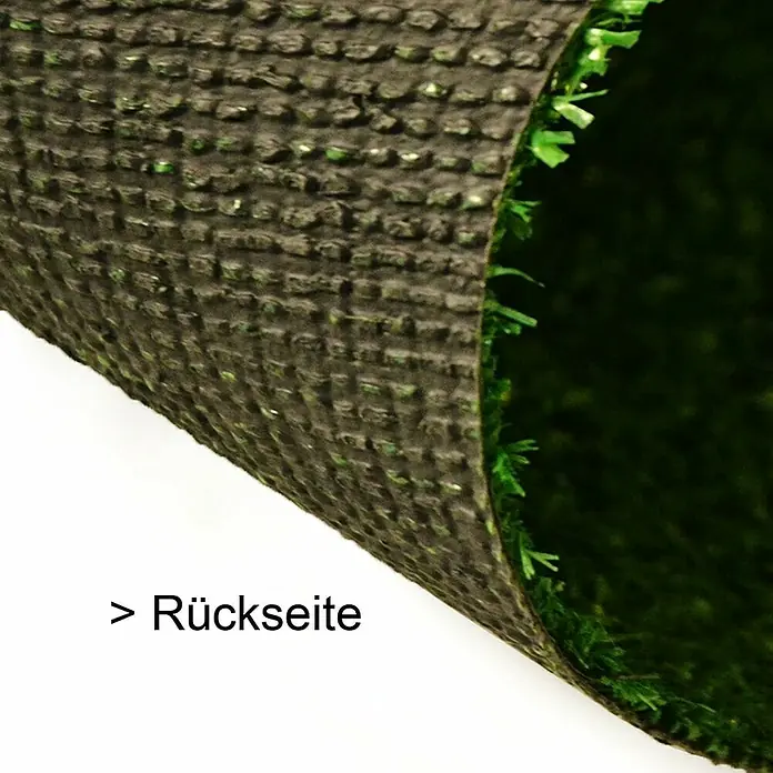 Kunstrasen Spring - 500 cm x 100 cm x 7 mm, Grün - Detailaufnahme der Rückseite eines Kunstrasenstücks, die die Struktur und Materialbeschaffenheit zeigt.