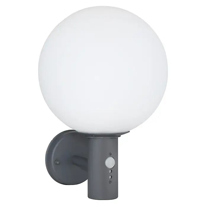 Globo LED-Außenwandleuchte Ossy - Antrazit, IP44, B x H: 250 x 370 mm - Nahaufnahme einer grauen Wandleuchte mit einer runden, weißen Glaskugel als Leuchtmittel. Die Lampe hat Bedienelemente am Gehäuse.