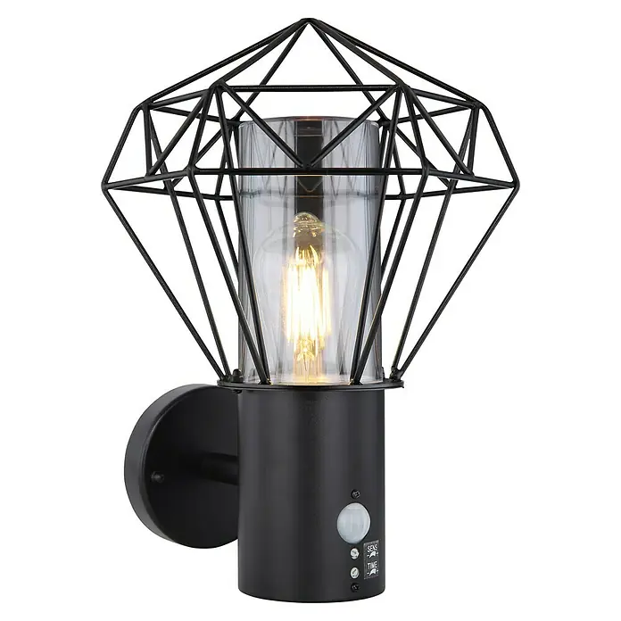 Globo LED-Außenwandleuchte Horace - 7 W, Ø x H: 22,5 x 34 cm, Schwarz, IP44 - Eine moderne, schwarze Wandleuchte mit Bewegungsmelder und einem dekorativen Drahtkäfig um das Glas.