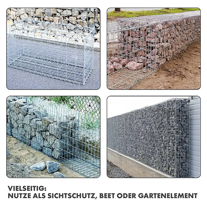 Floordirekt Gabione Lenox - 30 x 100 x 50 cm, Stahl, Maschenbreite: 10 cm, Maschenhöhe: 5 cm - Vielseitige Gabionen als Sichtschutz, Beet oder Gartenelement. Ein dekorativer Hingucker für jeden Garten.