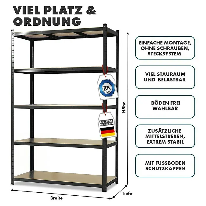 Floordirekt Schwerlastregal - H x B x T: 180 x 90 x 40 cm, Traglast pro Boden: 175 kg, Anzahl Böden: 5 Stk., Stecken, Schwarz - Das Bild zeigt ein Regal mit mehreren Ablageflächen und einer Illustration, die die Eigenschaften hervorhebt.