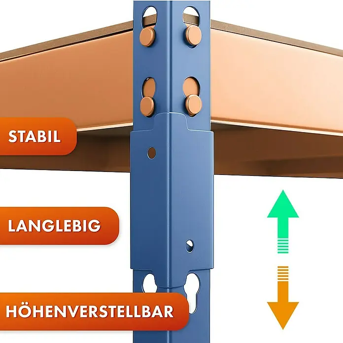 Floordirekt Schwerlastregal Rhino - H x B x T: 180 x 90 x 60 cm, Traglast pro Boden: 210 kg, Anzahl Böden: 5 Stk., Stecken, Blau/Orange - Verstellbares Metallregal mit den Aufschriften „Stabil“, „Langlebig“ und „Höhenverstellbar“ zur Hervorhebung der Produktmerkmale.