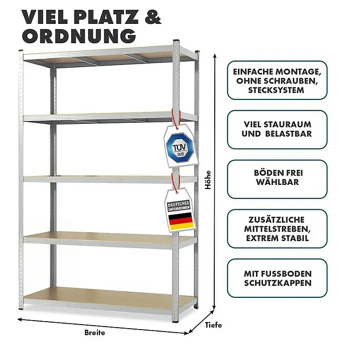 Floordirekt Schwerlastregal Set Lakota - H x B x T: 200 x 100 x 50 cm, 2 Stk., Traglast pro Boden: 175 kg, Anzahl Böden: 5 Stk., Stecken, Silber - Regal mit viel Platz und Ordnung. Einfache Montage ohne Schrauben, Böden frei wählbar und extrem stabil mit Fussboden Schutzkappen.
