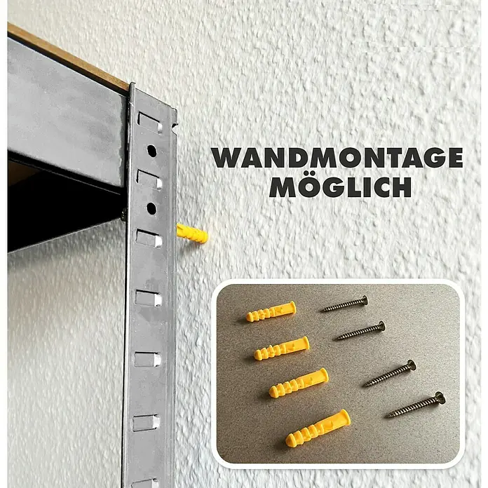 Floordirekt Schwerlastregal Titanrack - H x B x T: 220 x 90 x 45 cm, Traglast pro Boden: 175 kg, Anzahl Böden: 5 Stk., Stecken, Silber - Wandmontage des Regals mit Dübeln und Schrauben für eine sichere Befestigung an der Wand.