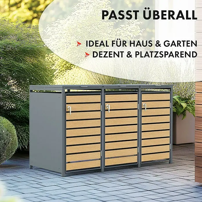 Floordirekt Mülltonnenbox Johan - Stahl, Anthrazit/Braun, Geeignet für Anzahl Mülltonnen: 3 Stk. - Ein Mülltonnenbox-System mit drei Fächern, ideal für Haus und Garten, dezent und platzsparend.