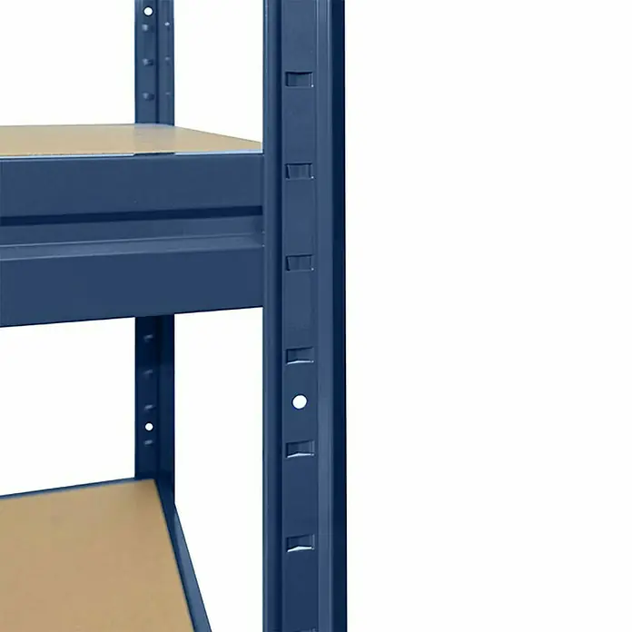 Floordirekt Schwerlastregal - H x B x T: 177 x 200 x 60 cm, Traglast pro Boden: 400 kg, Anzahl Böden: 4 Stk., Stecken, Grau - Nahaufnahme eines blauen Metallregals mit Einlegeböden, ideal für Lagerung und Organisation.