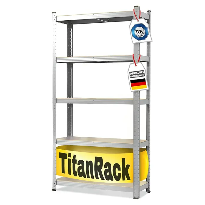 Floordirekt Schwerlastregal Titanrack - H x B x T: 220 x 90 x 45 cm, Traglast pro Boden: 175 kg, Anzahl Böden: 5 Stk., Stecken, Silber - TitanRack Schwerlastregal mit fünf Ebenen, ideal für Lagerung. TÜV Süd geprüft, deutsches Unternehmen.