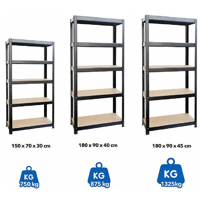 Floordirekt Schwerlastregal Titanrack - H x B x T: 200 x 120 x 60 cm, Traglast pro Boden: 175 kg, Anzahl Böden: 5 Stk., Stecken, Schwarz - Drei Regalvarianten mit unterschiedlichen Abmessungen und Tragfähigkeiten.
