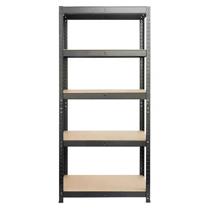 Floordirekt Schwerlastregal Titanrack - H x B x T: 200 x 120 x 60 cm, Traglast pro Boden: 175 kg, Anzahl Böden: 5 Stk., Stecken, Schwarz - Schwarzes Metallregal mit fünf hellbraunen Regalböden, ideal zur Aufbewahrung und Organisation von Gegenständen.