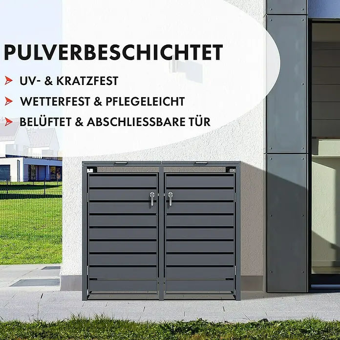 Floordirekt Mülltonnenbox Magnus - Stahl, Anthrazit, Geeignet für Anzahl Mülltonnen: 2 Stk. - Pulverbeschichteter Mülltonnenbox für den Außenbereich, UV- und kratzfest, wetterfest und pflegeleicht. Belüftete und abschließbare Tür.